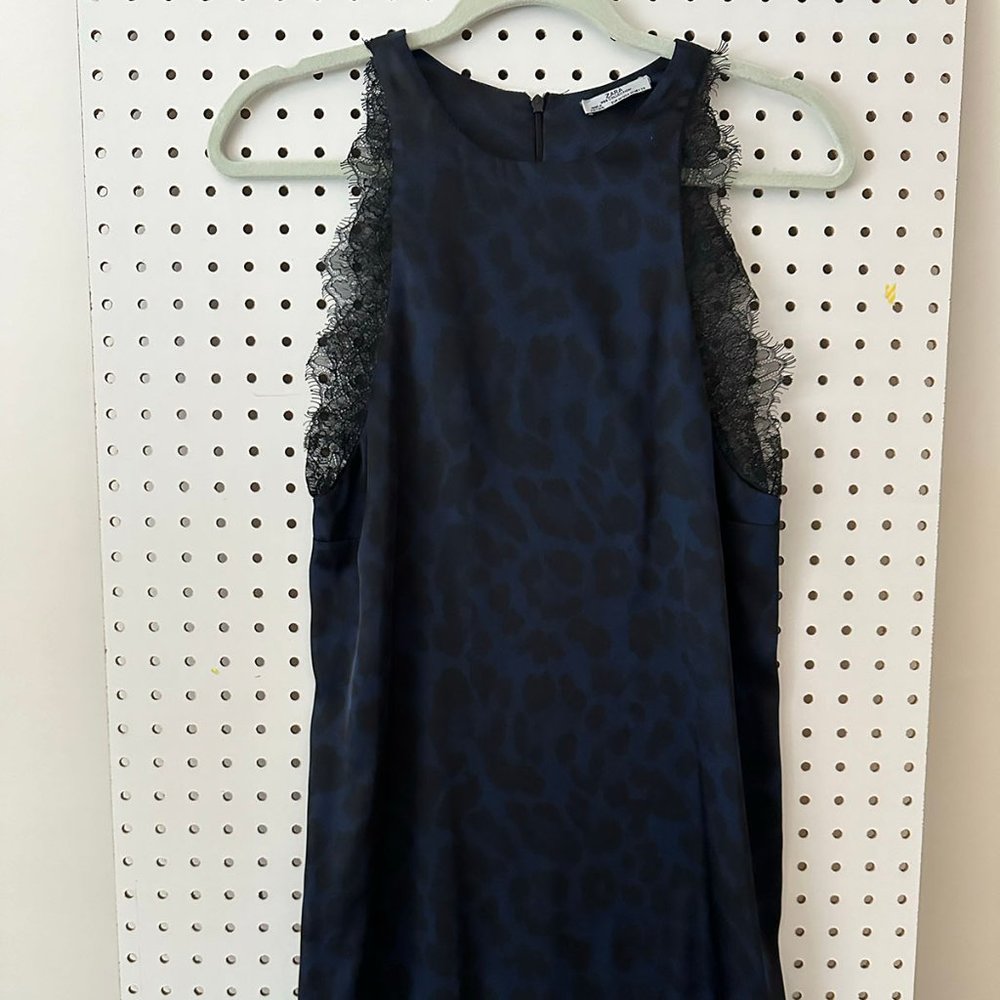 Zara Navy Leopard Lace Trim Dress Size Medium